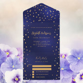 誕生日ネイビーブルー金ゴールドスターパーティーRSVP オールインワン招待状