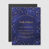 誕生日ネイビーブルー金ゴールドスター誕生年間ラグジュアリー マグネット招待状 (正面/裏面)