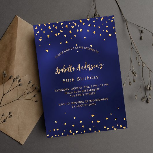 誕生日ネイビーブルー金ゴールドハートエレガントスクリプト 招待状