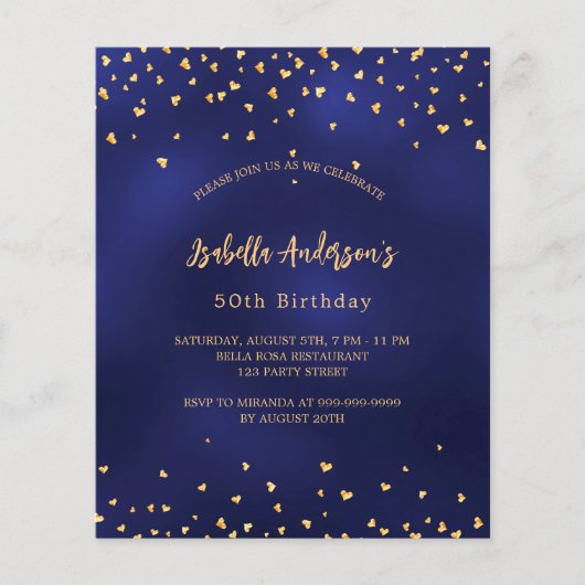 誕生日ネイビーブルー金ゴールドハート予算の招待 チラシ (正面)