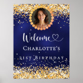 誕生日ネイビーブルー金ゴールドフォトウェルカム ポスター (正面)
