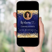 誕生日ネイビーブルー金ゴールドフォトウェルカム ポスター