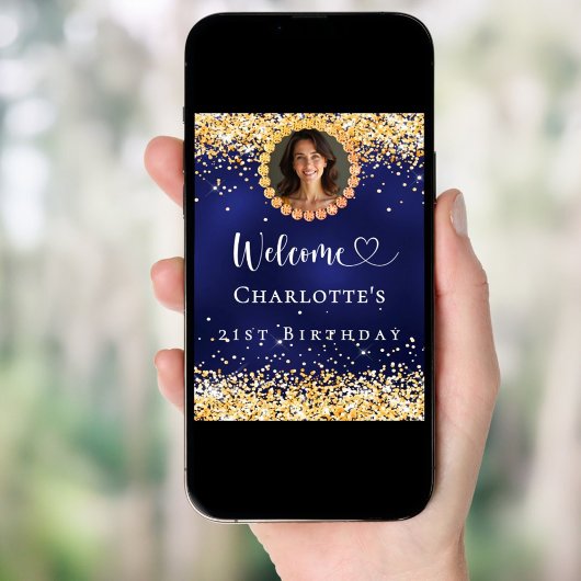 誕生日ネイビーブルー金ゴールドフォトウェルカム ポスター