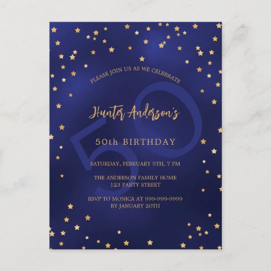 誕生日ネイビーブルー金ゴールド星パーティー数 インビテーションポストカード (正面)
