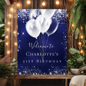 誕生日ネイビーブルー銀グリッターバルーンへようこそ ポスター