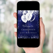 誕生日ネイビーブルー銀グリッターバルーンへようこそ ポスター