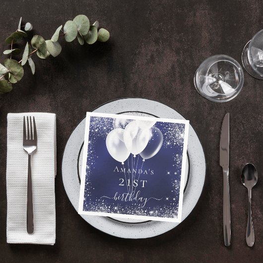 誕生日ネイビーブルー銀グリッターホワイトバルーン スタンダードカクテルナプキン