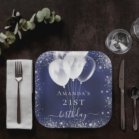 誕生日ネイビーブルー銀グリッターホワイトバルーン ペーパープレート