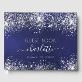 誕生日ネイビーブルー銀グリッターモノグラム ゲストブック (正面)