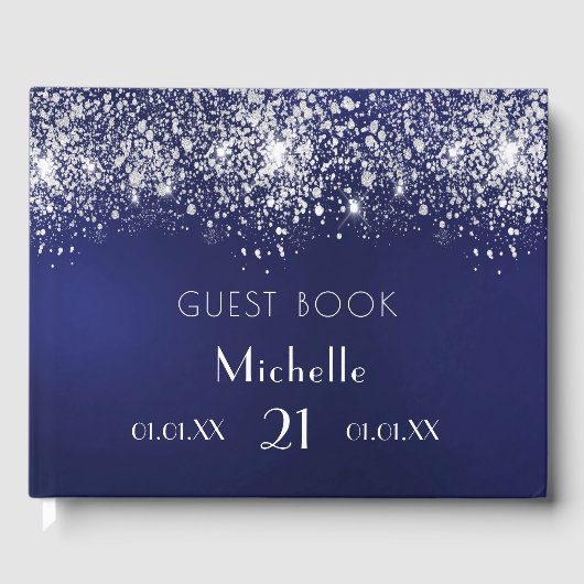 誕生日ネイビーブルー銀グリッターモノグラム ゲストブック (正面)