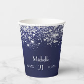 誕生日ネイビーブルー銀グリッターモノグラム 紙コップ (正面)