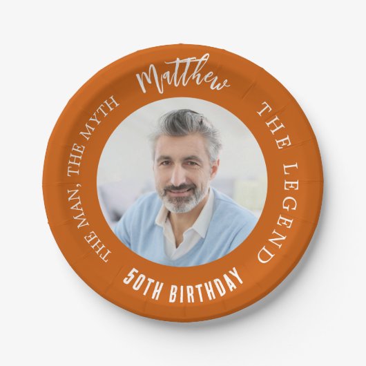 誕生日ネイビー焼けオレンジ色の写真人神話の伝説 ペーパープレート (正面)