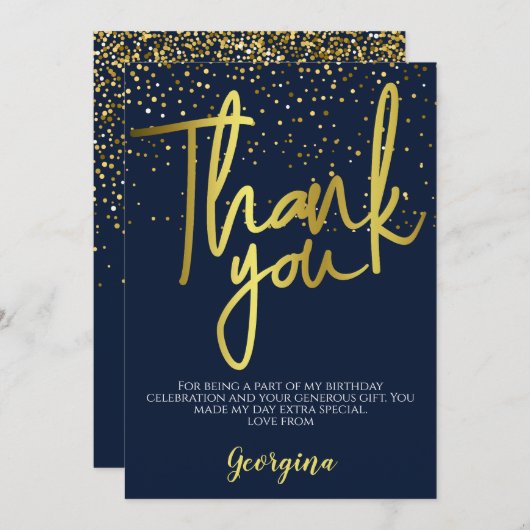 誕生日ネイビー金ゴールドタイポグラフィ サンキューカード (正面/裏面)