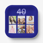 誕生日ネイビー青い写真コラージュ ペーパープレート (正面)