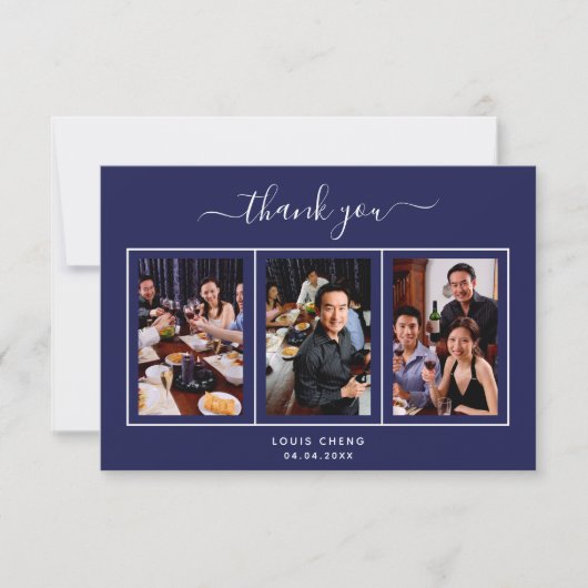 誕生日ネイビー青い白い写真のスクリプトガイ男性 サンキューカード (正面)