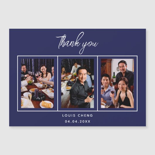 誕生日ネイビー青い白い写真感謝してい男あなた マグネット招待状 (正面)