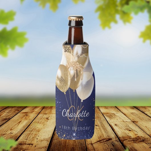 誕生日ネイビー青金ゴールドバルーンのモノグラム名 ボトルクーラー