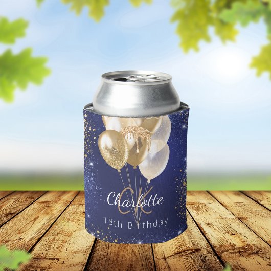 誕生日ネイビー青金ゴールドバルーンのモノグラム名 缶クーラー