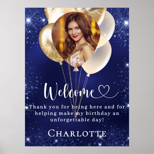 誕生日ネイビー青金ゴールドバルーン写真ウェルカム ポスター (正面)