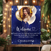 誕生日ネイビー青金ゴールドバルーン写真ウェルカム ポスター