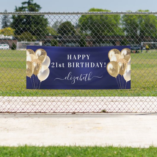 誕生日ネイビー青金ゴールドバルーン名スクリプト 横断幕 (インサイチュ)