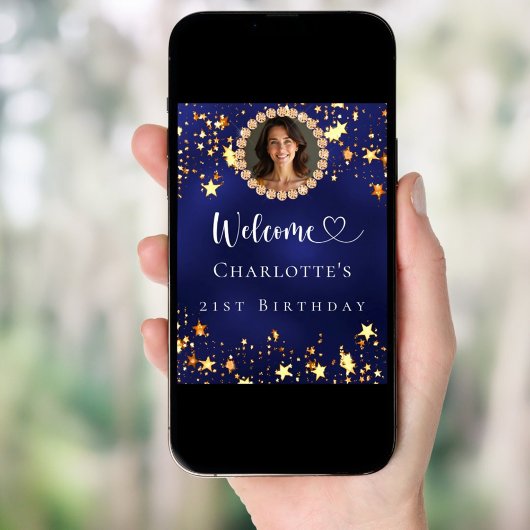 誕生日ネイビー青金ゴールド星写真ようこそ ポスター