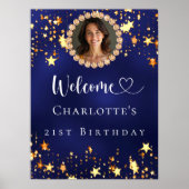 誕生日ネイビー青金ゴールド星写真ようこそ ポスター (正面)