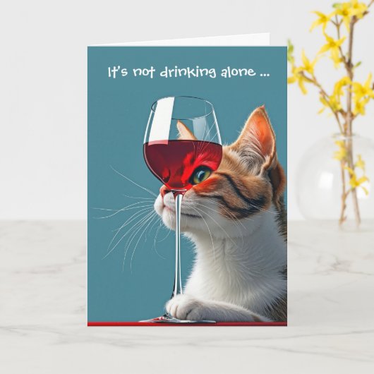 誕生日ネコと赤ワインのグラス カード (黄色い花)