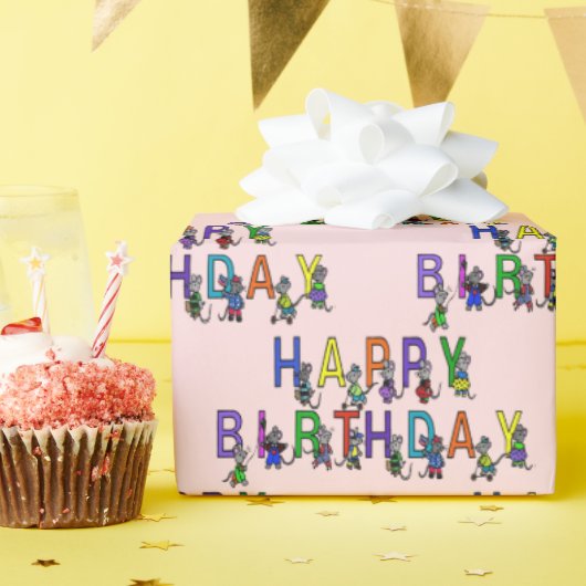 誕生日ネズミオンピンク赤面 ラッピングペーパー (誕生日パーティー)