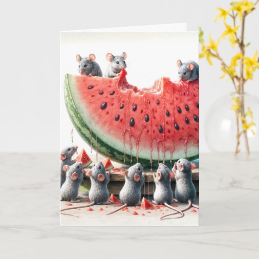 誕生日ネズミ食べズスイカ カード (黄色い花)