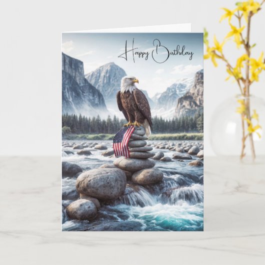 誕生日ハゲの鷲でケーンの旗を持つ カード (黄色い花)