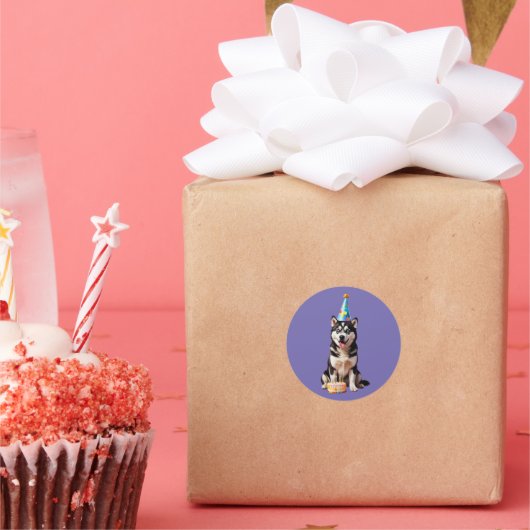 誕生日ハスキー犬 ラウンドシール (パーティー)