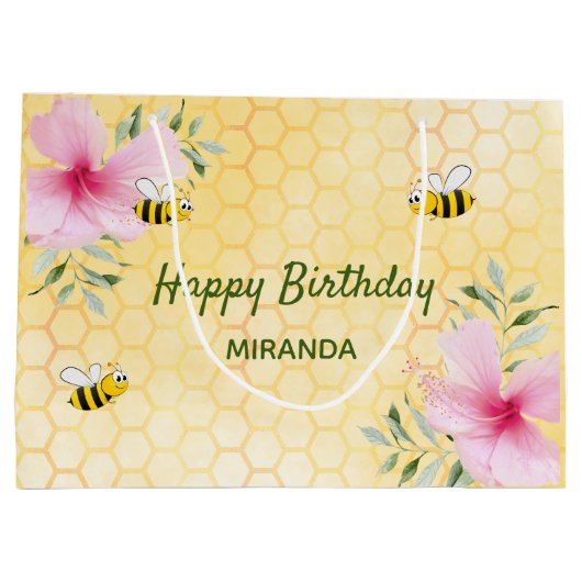 誕生日ハッピーバンブルハチのハニカム花模様 ラージペーパーバッグ (裏面)