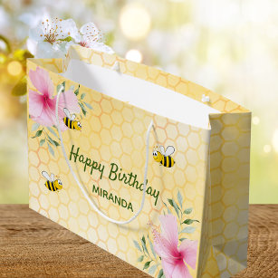 誕生日ハッピーバンブルハチのハニカム花模様 ラージペーパーバッグ