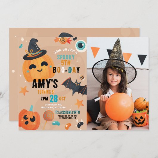 誕生日ハロウィンカボチャ写真パーティー 招待状 (正面/裏面)