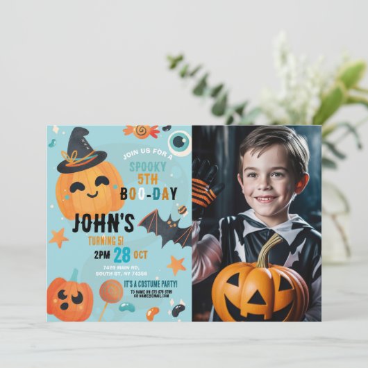 誕生日ハロウィンカボチャ青パーティー写真 招待状 (スタンド正面)