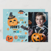 誕生日ハロウィンカボチャ青パーティー写真 招待状 (正面/裏面)