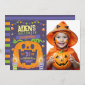 誕生日ハロウィンキッズパーティーカボチャ写真 招待状 (正面/裏面)