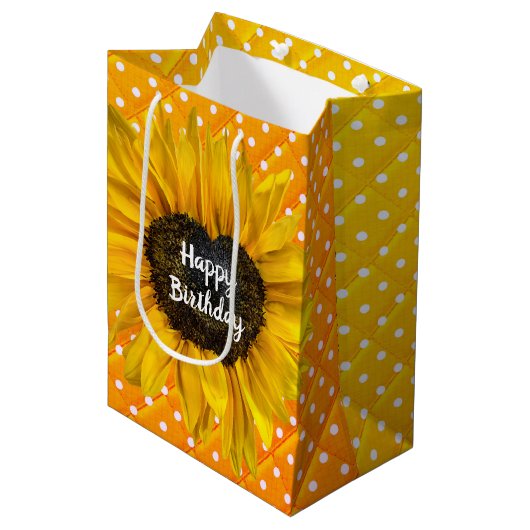 誕生日ハートひまわりオン水玉模様 ミディアムペーパーバッグ (正面アングル)