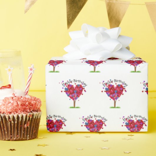 誕生日ハートツリーオンホワイト ラッピングペーパー (誕生日パーティー)