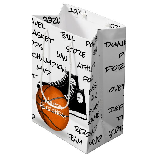 誕生日バスケットボールとスニーカー ミディアムペーパーバッグ (正面アングル)