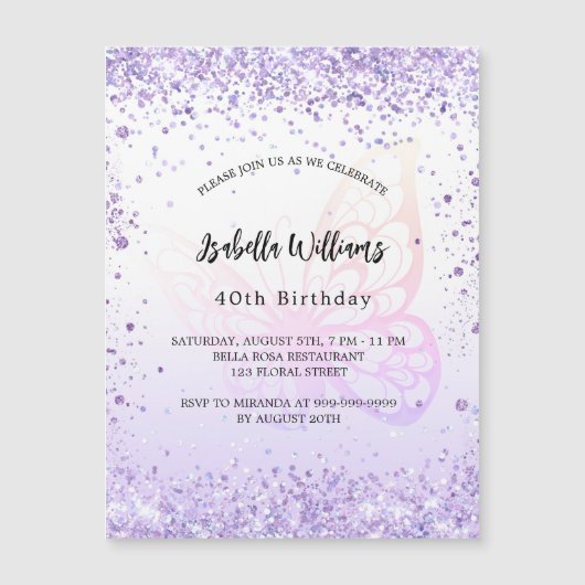 誕生日バタフライバイオレットラベンダースクリプトラグジュアリー マグネット招待状 (正面)