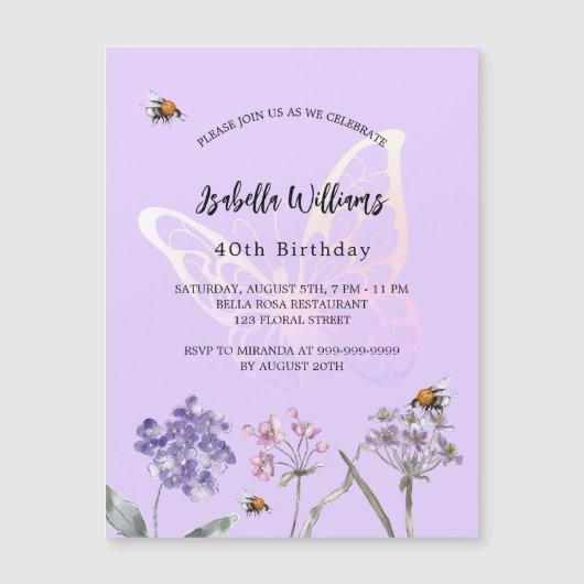 誕生日バタフライバイオレットワイルドフラワーピンク贅沢 マグネット招待状 (正面)