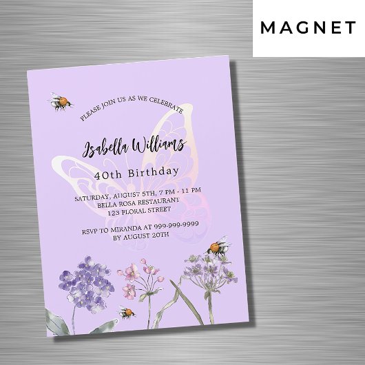 誕生日バタフライバイオレットワイルドフラワーピンク贅沢 マグネット招待状