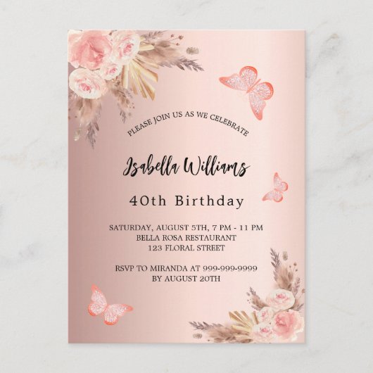 誕生日バタフライパンパスグラス赤面バラ金ゴールド インビテーションポストカード (正面)