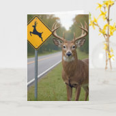 誕生日バックで鹿の交差点の標識によってポーズ カード (黄色い花)