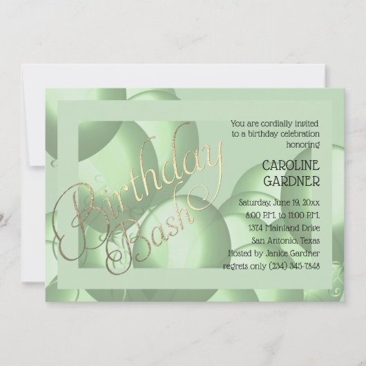 誕生日バッシュ緑のバルーン任意の色の背景 招待状 (正面)