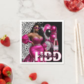 誕生日バディーブラック女性ピンク&レオパード スタンダードカクテルナプキン (インサイチュ)