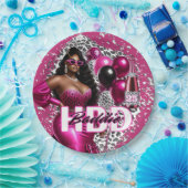 誕生日バディーブラック女性ピンク&レオパード ペーパープレート (パーティー)