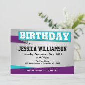 誕生日バナーブルー&パープルパーティの招待状 招待状 (スタンド正面)